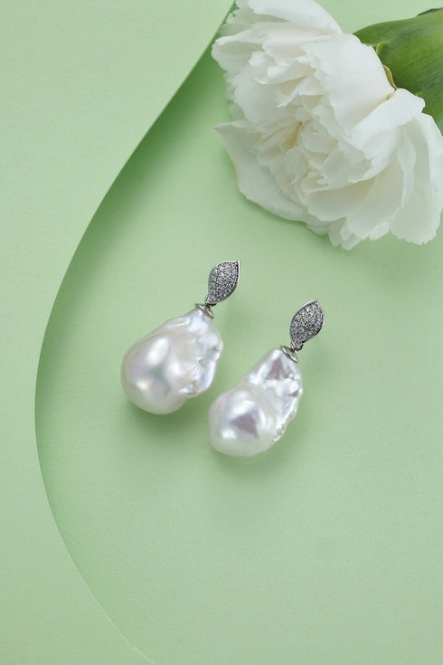 Leaf Zirconia Bold Baroque Pearl Earrings – Sterling Silver